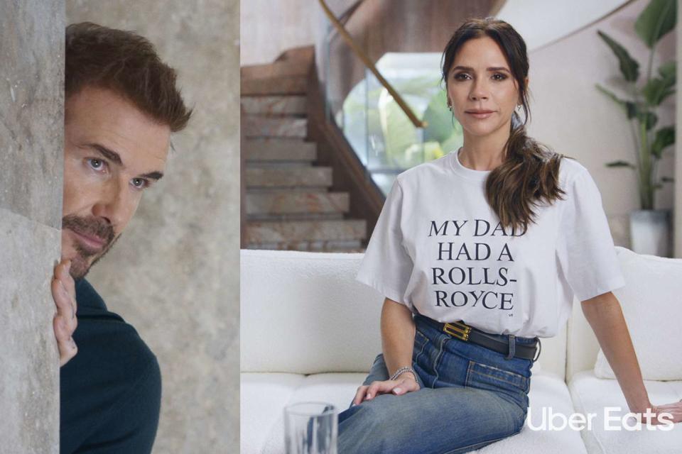 <p>Uber Eats</p> Victoria and David Beckham in new Uber Eats ad teaser