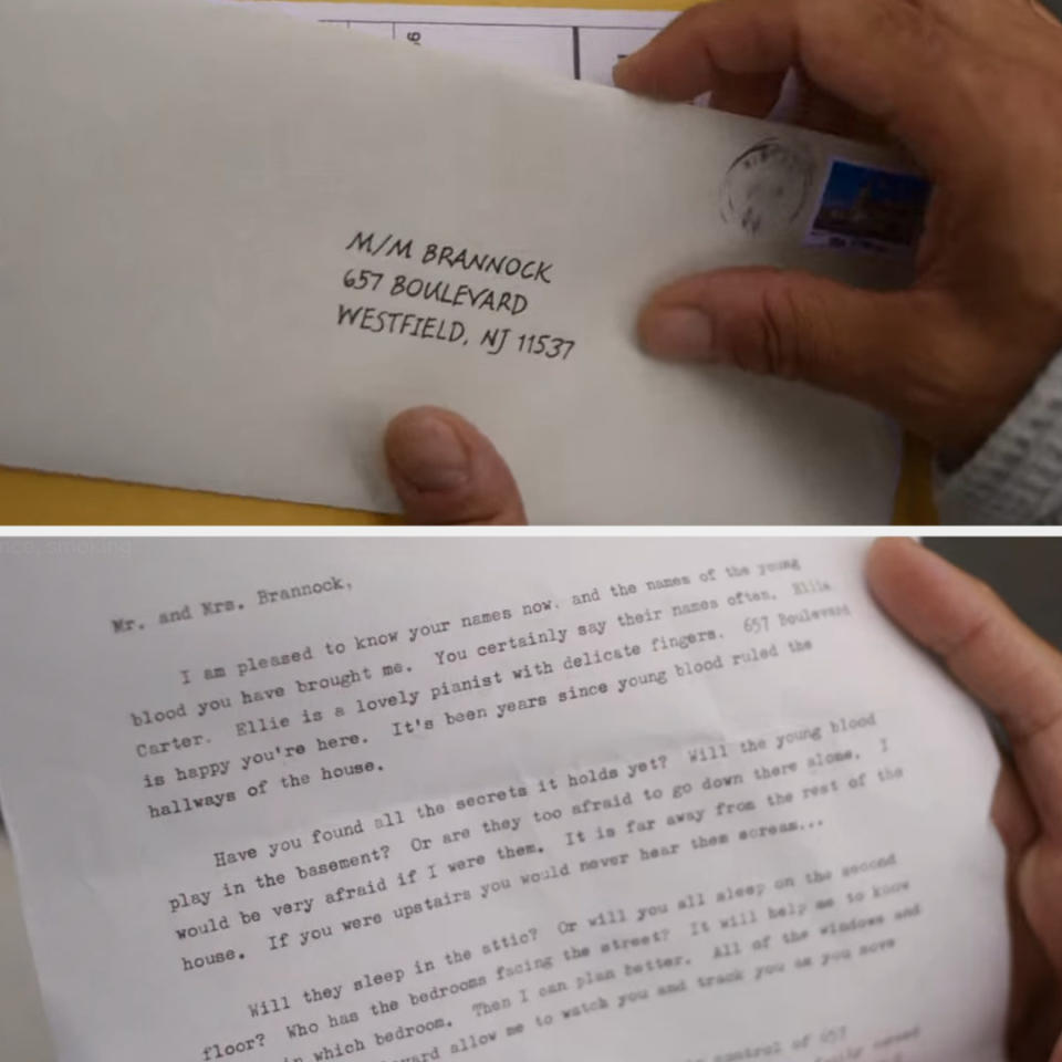 Close-up of a letter and envelope from "The Watcher"