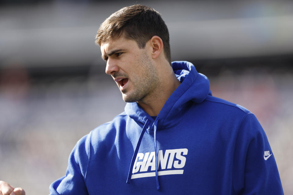 EAST RUTHERFORD, NEW JERSEY - OCTOBER 22: Daniel Jones #8 of the New York Giants looks on before the game against the Washington Commanders at MetLife Stadium on October 22, 2023 in East Rutherford, New Jersey. (Photo by Sarah Stier/Getty Images)