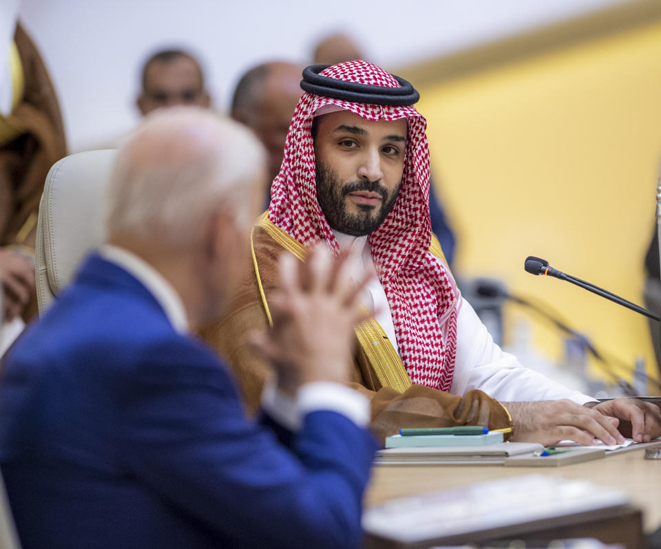 Image: Saudi Arabian Crown Prince Mohammed bin Salman looks at US President Joe Biden during the Jeddah Security and Development Summit in Jeddah, Saudi Arabia on July 16, 2022. (Royal Court of Saudi Arabia / Anadolu Agency via Getty Images)