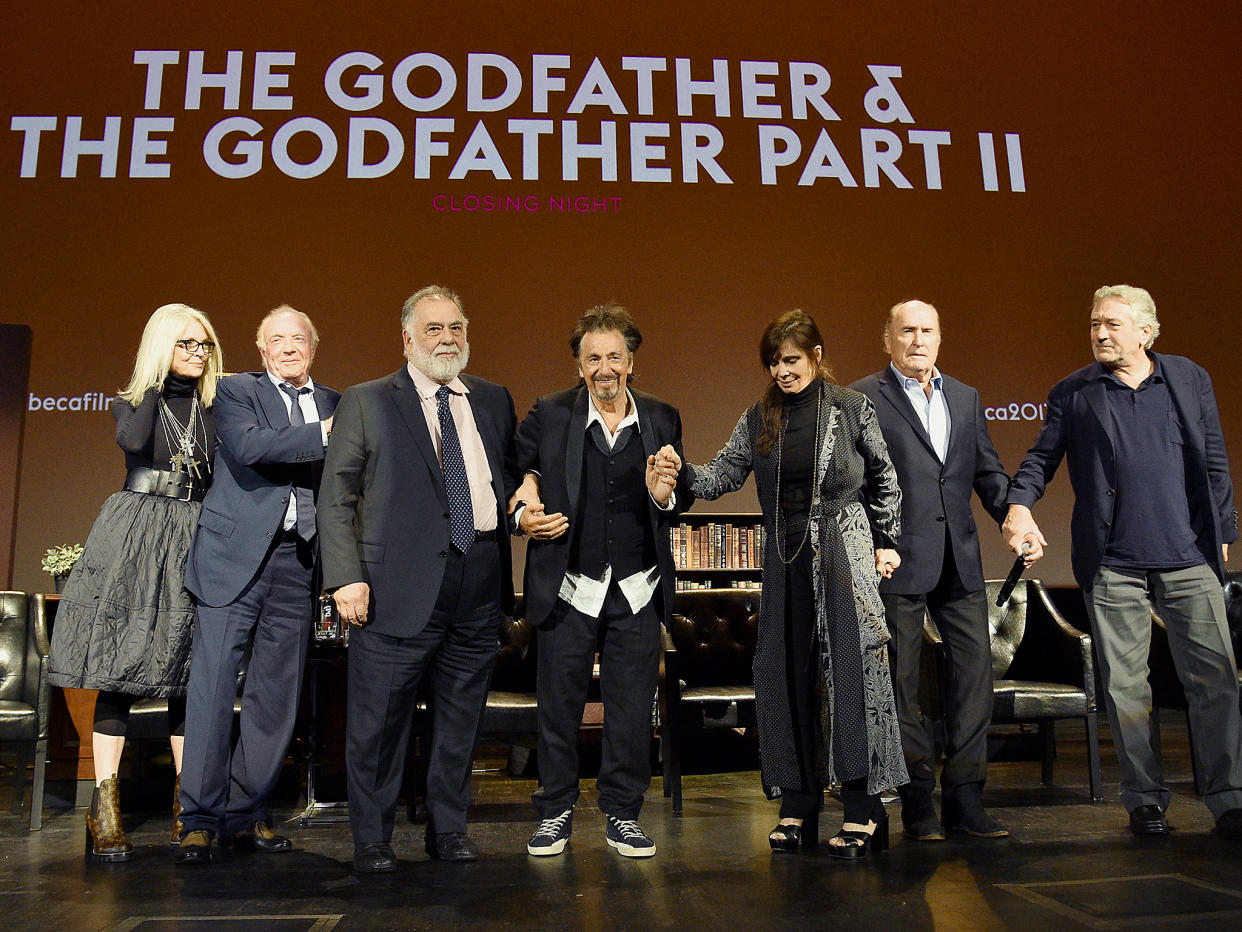 Diane Keaton, James Caan, Francis Ford Coppola, Al Pacino, Talia Shire, Robert Duvall and Robert DeNiro take a bow on stage during the panel for 'The Godfather' 45th Anniversary Screening during 2017 Tribeca Film Festival closing night at Radio City Music Hall: Getty Images