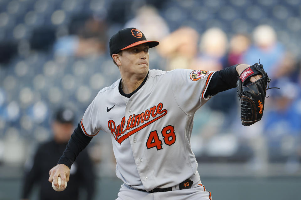 Baltimore Orioles pitcher Kyle Gibson delivers to a Kansas City Royals batter during the first inning of a baseball game in Kansas City, Mo., Wednesday, May 3, 2023. (AP Photo/Colin E. Braley)