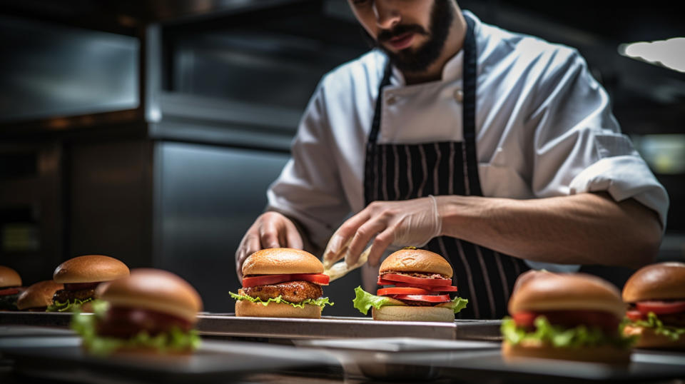 A chef giving final touches to plated burgers in the kitchen.