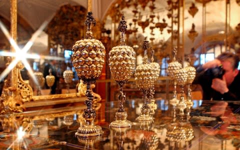 Mandatory Credit: Photo by RALF HIRSCHBERGER/EPA-EFE/REX (10484511a) (FILE) - Historic Grape Cups (Traubenpokal) are on display shortly before their presentation to Saxony's treasure chamber at the Pretiosen Hall of the Green Vault (Gruenes Gewoelbe) in Dresden, Germany, 06 December 2007 (reissued 25 November 2019). According to police, burglars have broken into the Green Vault museum. Burglary at Green Vault in Dresden, Germany - 06 Dec 2007 Image title: 10484511a - Credit: RALF HIRSCHBERGER/EPA-EFE/REX