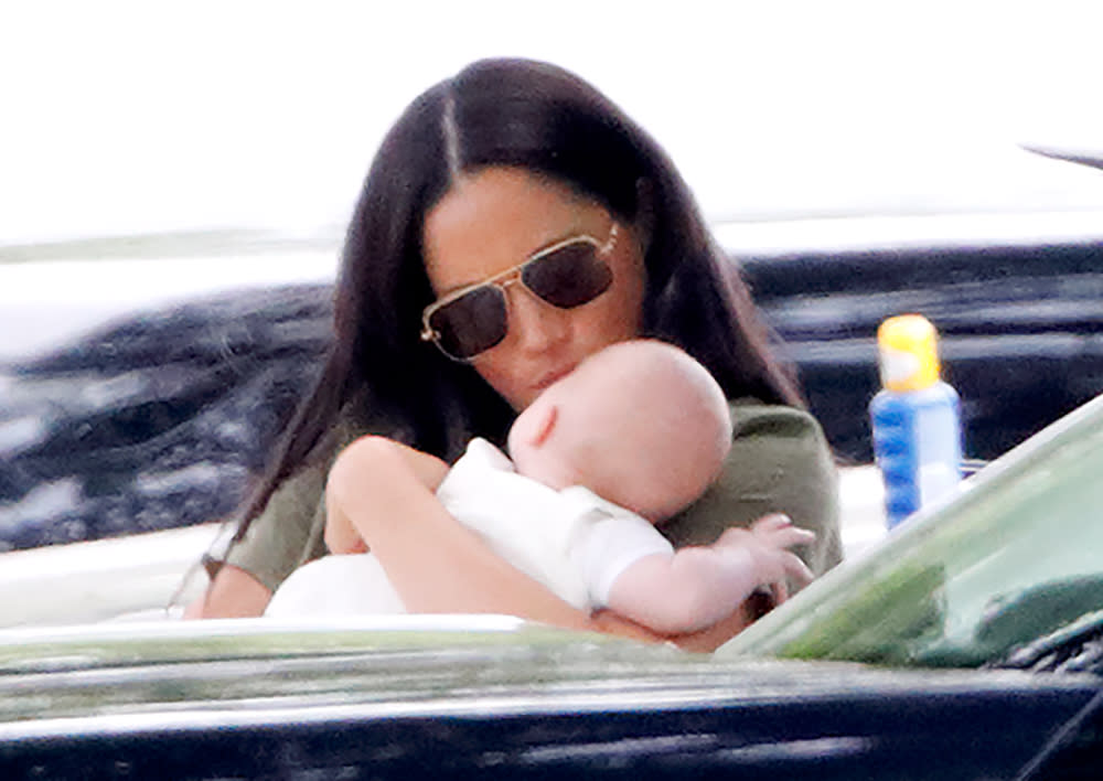 WOKINGHAM, UNITED KINGDOM - JULY 10: (EMBARGOED FOR PUBLICATION IN UK NEWSPAPERS UNTIL 24 HOURS AFTER CREATE DATE AND TIME) Meghan, Duchess of Sussex and Archie Harrison Mountbatten-Windsor attend the King Power Royal Charity Polo Match, in which Prince William, Duke of Cambridge and Prince Harry, Duke of Sussex were competing for the Khun Vichai Srivaddhanaprabha Memorial Polo Trophy at Billingbear Polo Club on July 10, 2019 in Wokingham, England. (Photo by Max Mumby/Indigo/Getty Images)