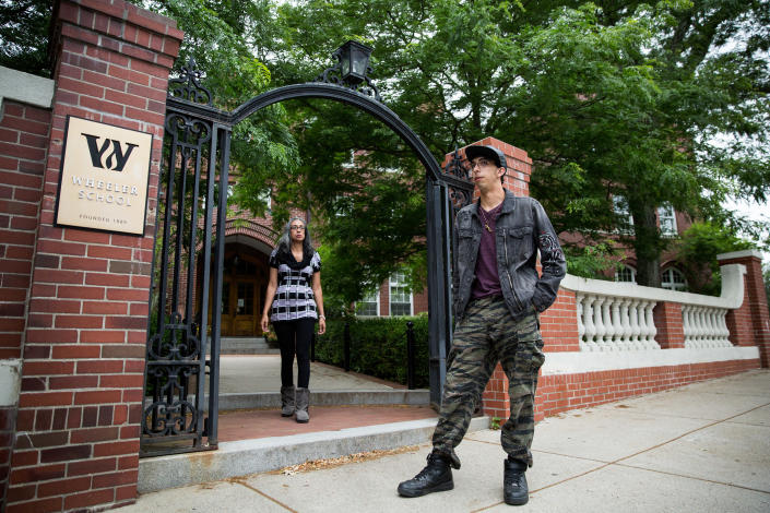 Michael Matt and his biological mother, Gina Aparicio, visit the Wheeler School in Providence, R.I., where he attended high school. Michael took Gina to visit places in the area that are important to him, so she could see what his life was like when he was growing up. (Photo: Kayana Szymczak for Yahoo News)