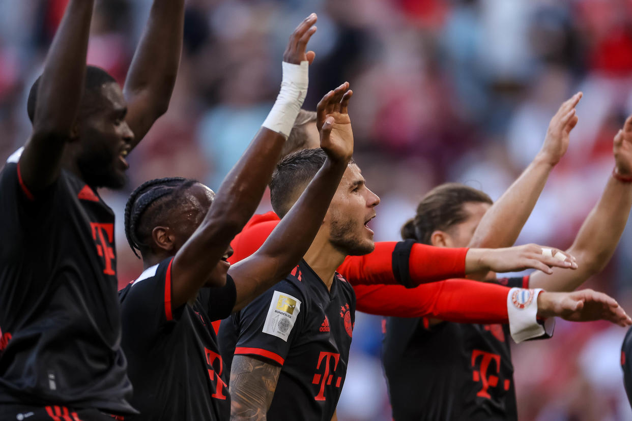 MUNICH, GERMANY - AUGUST 14: Lucas Hernandez of Bayern Muenchen celebrate during the Bundesliga match between FC Bayern München and VfL Wolfsburg at Allianz Arena on August 14, 2022 in Munich, Germany. (Photo by Roland Krivec/DeFodi Images via Getty Images)