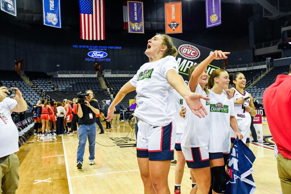 USI women’s basketball player Vanessa Shafford celebrating after her team won the OVC tournament championship.