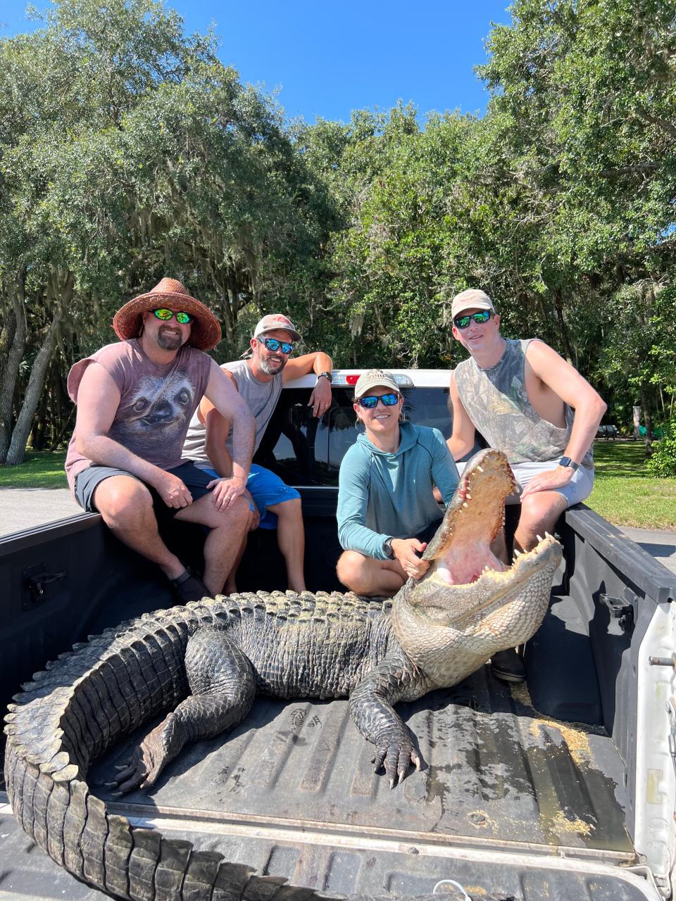 From left, Ian Nance, Harris Woodsby, Trace Linder and Gerald Stenklyft with an 11-foot gator taken through the Statewide Alligator Harvest Program.