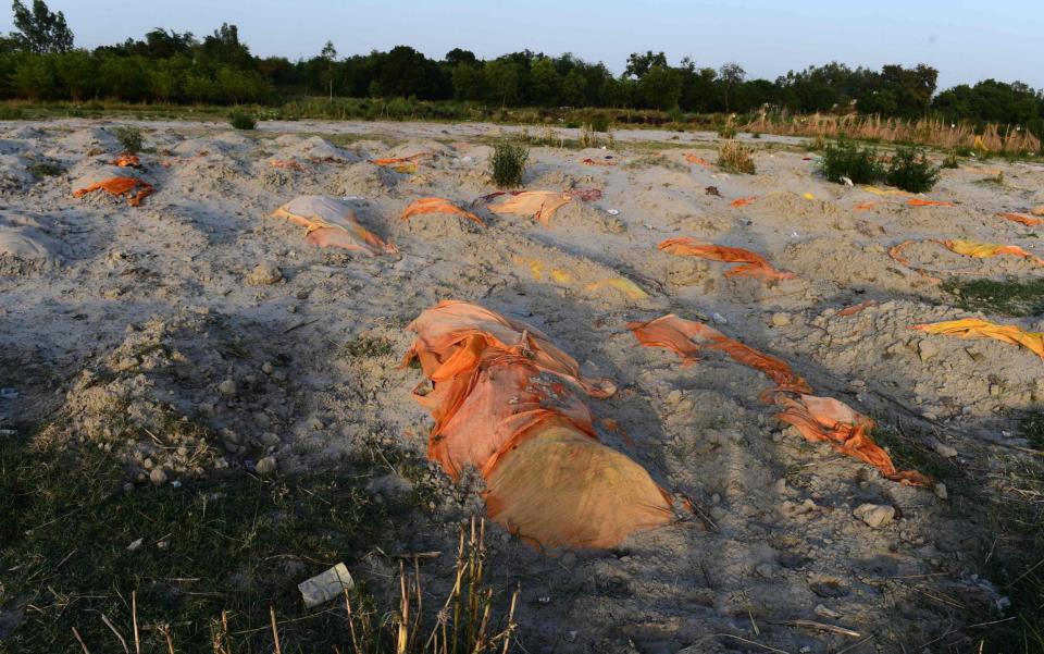 Bodies of suspected coronavirus victims are seen partially buried in the sand near a cremation ground on the banks of the Ganges River in Rautapur Ganga Ghat, in Unnao - SANJAY KANOJIA/AFP