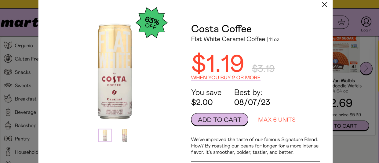 screen shot of Costa Coffee on Martie website