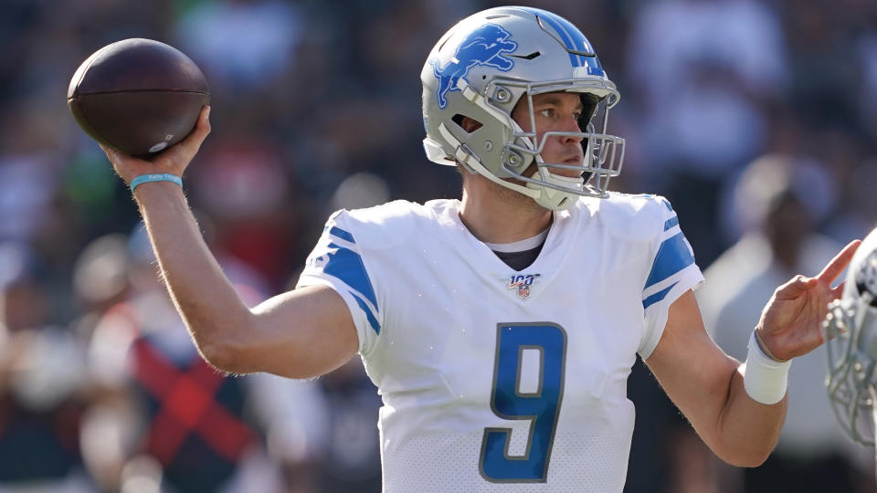 OAKLAND, CALIFORNIA - NOVEMBER 03: Matthew Stafford #9 of the Detroit Lions drops back to pass against the Oakland Raiders during the second quarter of an NFL football game at RingCentral Coliseum on November 03, 2019 in Oakland, California. (Photo by Thearon W. Henderson/Getty Images)