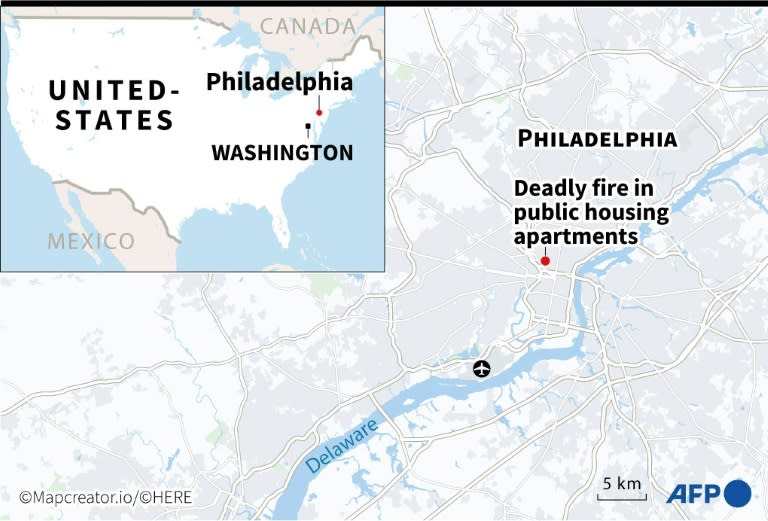 Map locating deadly fire in public housing apartments in the US city of Philadelphia (AFP/Kenan AUGEARD)