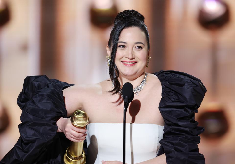 Lily Gladstone accepts award for Best Performance by a Female Actor in a Motion Picture  Drama for "Killers of the Flower Moon" at the 81st Golden Globe Awards held at the Beverly Hilton Hotel on January 7, 2024 in Beverly Hills, California. (Photo by Rich Polk/Golden Globes 2024/Golden Globes 2024 via Getty Images)