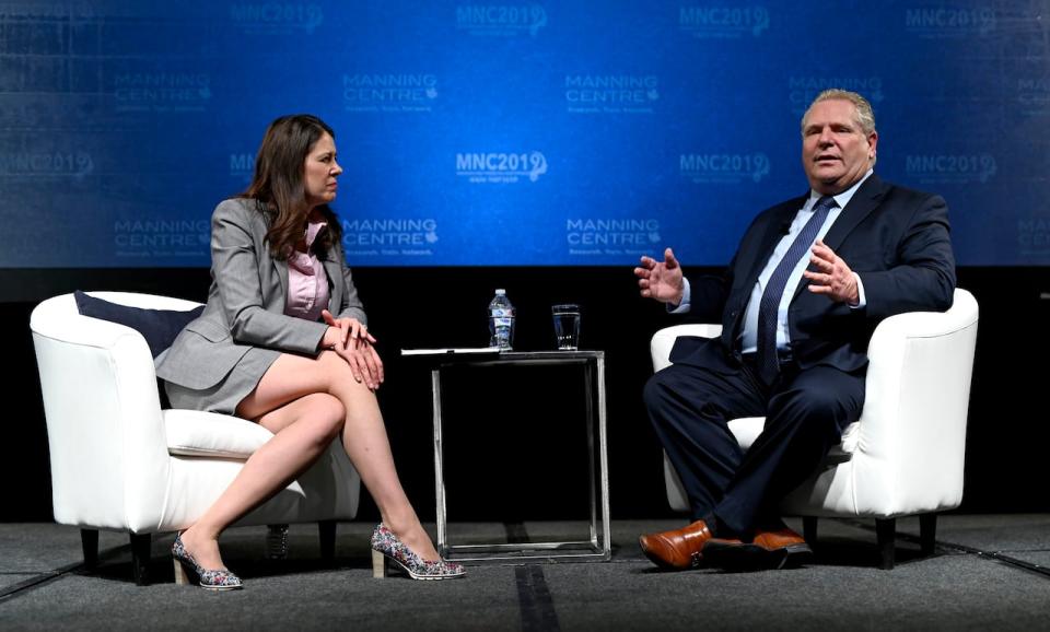 Ontario Premier Doug Ford's government has raised alarm over Alberta Premier Danielle Smith's proposal to withdraw more than half of Canada Pension Plan assets to start the province's own retirement savings program. The two are shown here at a conservative political conference in 2019, before Smith was premier.