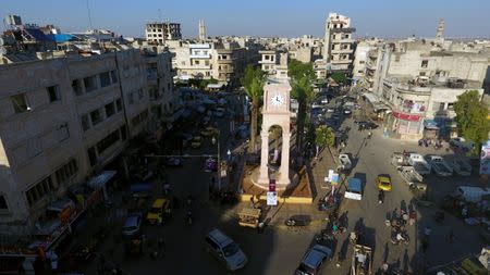 A general view taken with a drone shows the Clock Tower of the rebel-held Idlib city, Syria June 8, 2017. REUTERS/Ammar Abdullah/Files