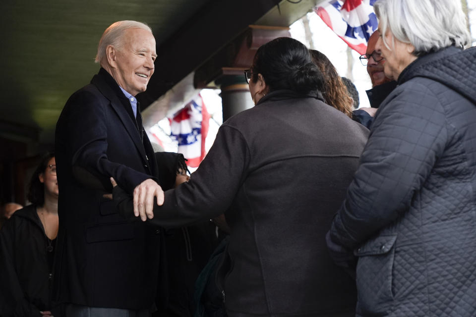 President Joe Biden talks with supporters during a campaign event in Saginaw, Mich., Thursday, March 14, 2024. (AP Photo/Jacquelyn Martin)