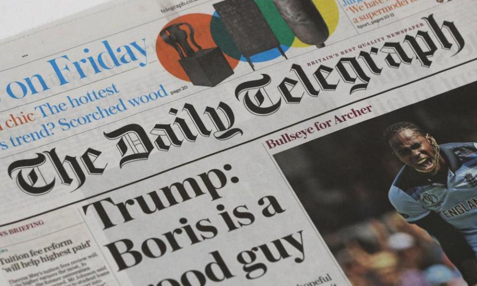 The Daily Telegraph masthead, with a lead headline reading: Trump: Boris is a good guy