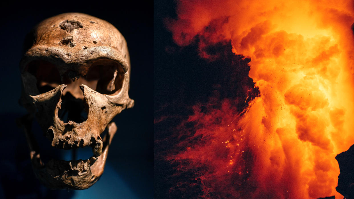  a neanderthal skull on a black background with fire and smoke from a lava flow to the right 