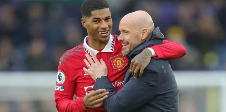 Marcus Rashford #10 of Manchester United and Erik ten Hag manager of Manchester United celebrate their teams win after the Premier League match Leeds United vs Manchester United at Elland Road, Leeds, United Kingdom, 12th February 2023 Credit: Alamy