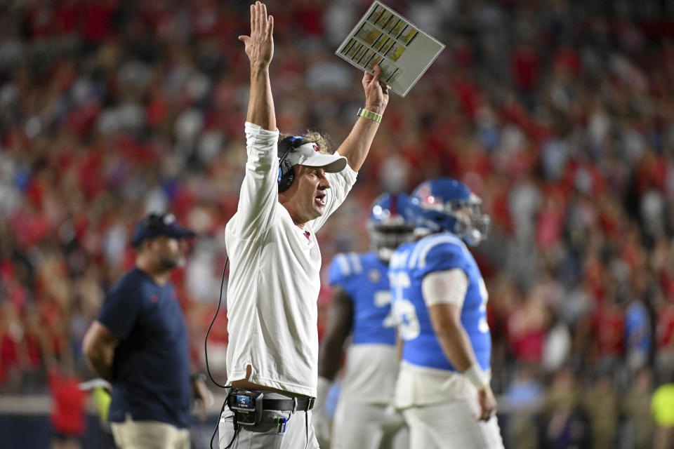 Mississippi head coach Lane Kiffin reacts during the second half of an NCAA college football game against LSU in Oxford, Miss., Saturday, Sept. 30, 2023. (AP Photo/Thomas Graning)