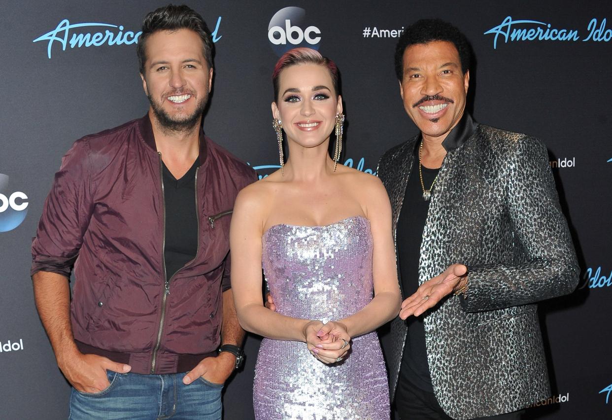Luke Bryan, Katy Perry and Lionel Richie at an "American Idol" show on April 23, 2018 in California.