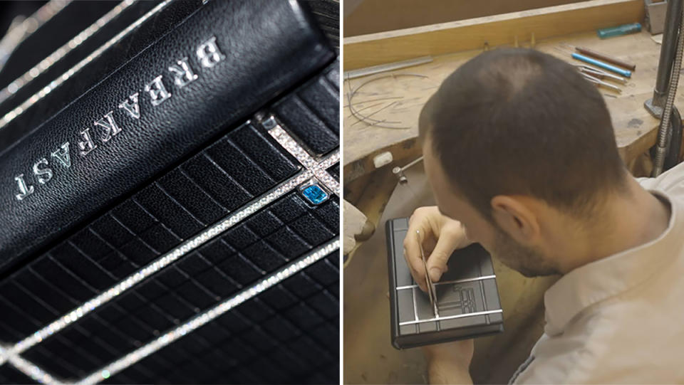 A close-up of the first edition's spine and diamond settings (left); diamonds being hand placed (right). 