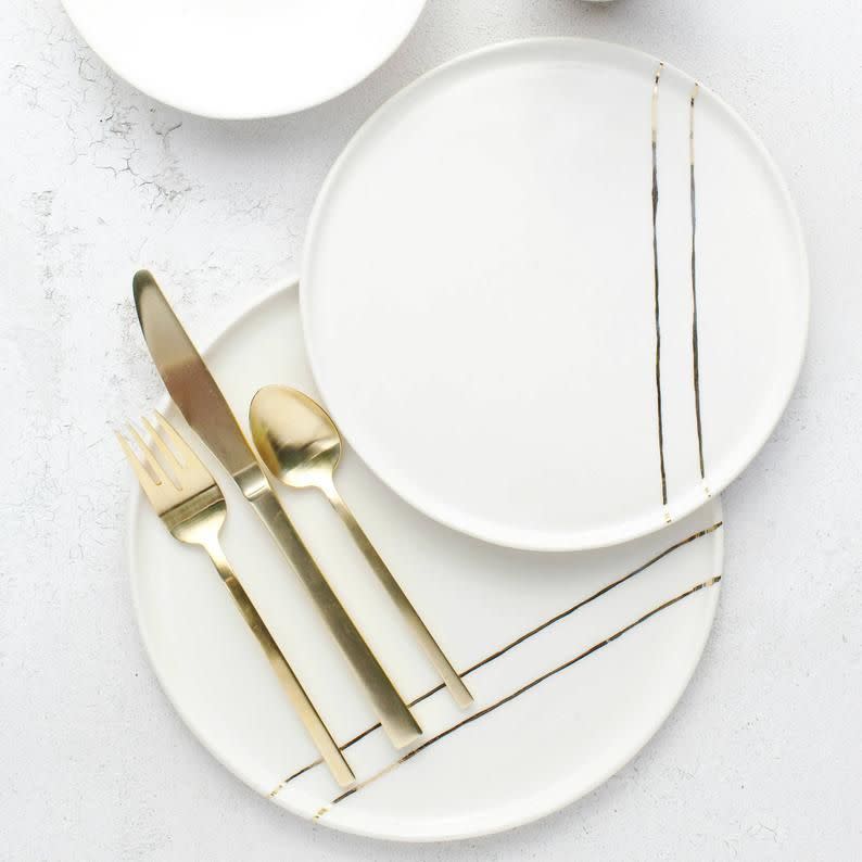 5) White and Gold Stripe Tableware