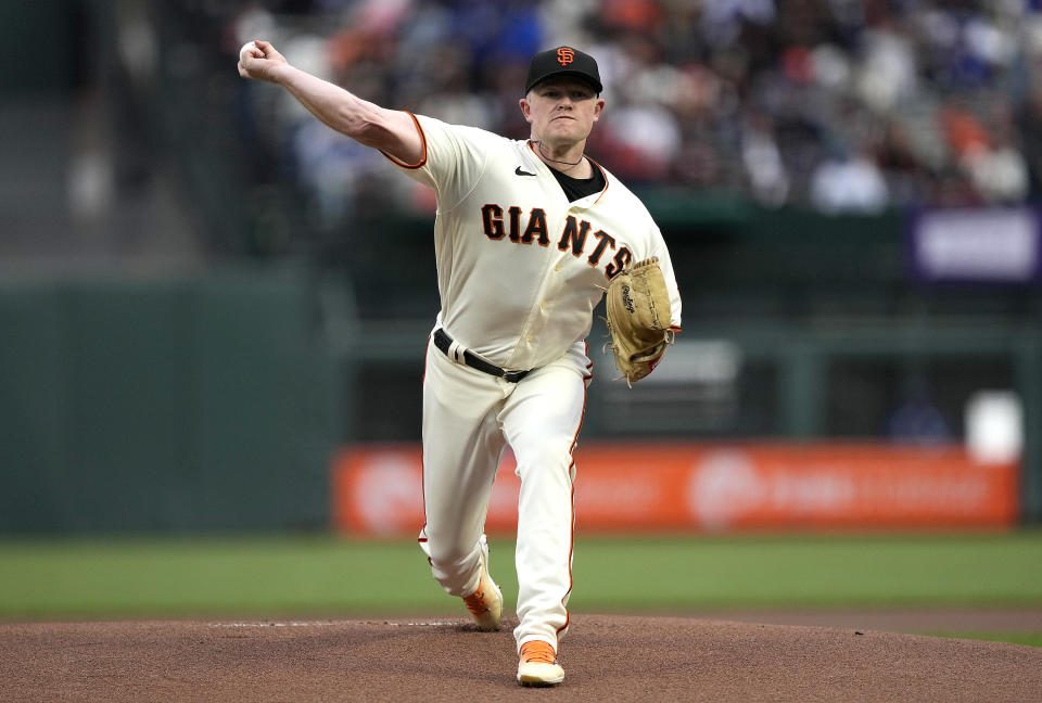 SAN FRANCISCO, CALIFORNIA - APRIL 10: Logan Webb #62 of the San Francisco Giants pitches against the Los Angeles Dodgers in the top of the first inning at Oracle Park on April 10, 2023 in San Francisco, California. (Photo by Thearon W. Henderson/Getty Images)