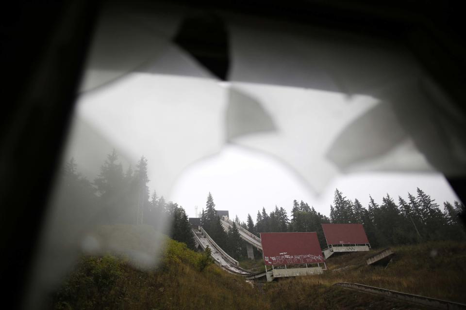 The disused ski jump from the Sarajevo 1984 Winter Olympics is seen through broken windows on Mount Igman, near Sarajevo