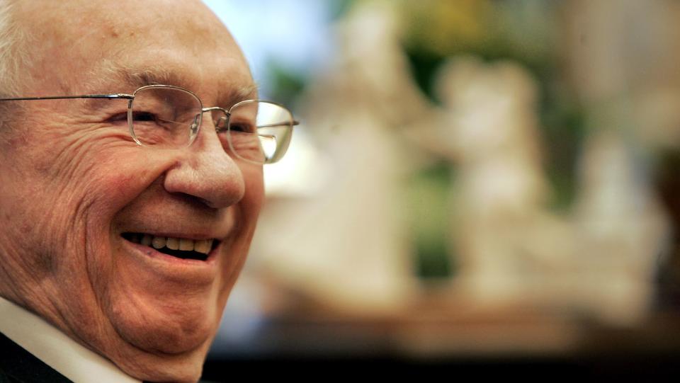 President Gordon B. Hinckley laughs during an interview in his office on Nov. 23, 2005, in Salt Lake City.