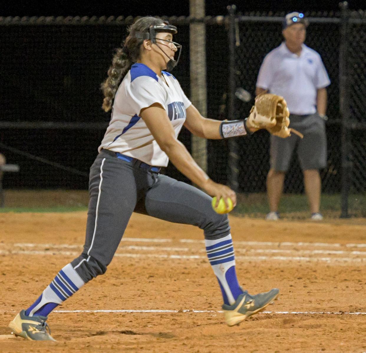 Wellington's Victoria Payne (18) takes over pitching at the Class 7A state semifinal game between Wellington High School and (Tampa) Plant High School at Legends Way Ball Fields in Clermont on Friday, May 26, 2023. [PAUL RYAN / CORRESPONDENT]