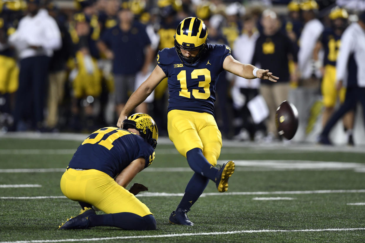 Michigan's Jake Moody is the highest drafted kicker in seven years. (AP Photo/Jose Juarez)