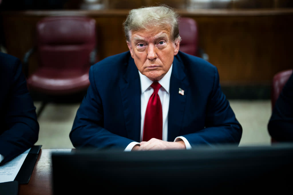 Former U.S. President Donald Trump appears ahead of the start of jury selection at Manhattan Criminal Court on April 15, 2024, in New York City. Trump faced 34 felony counts of falsifying business records in the first of his criminal cases to go to trial. (Jabin Botsford-Pool/Getty Images)