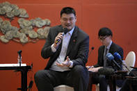 Yao Ming, head of the Chinese Basketball Association and Ice Snow Sports Promotion Ambassador speaks during a Linjia 7 Salon afternoon tea with journalists at Beijing International Club in Beijing, Monday, Jan. 17, 2022. Former NBA great Yao Ming said Monday he and others had a pleasant talk when they met last month with Chinese tennis player Peng Shuai, whose disappearance after making a sexual assault allegation against a former government official raised international concern. (AP Photo/Andy Wong)