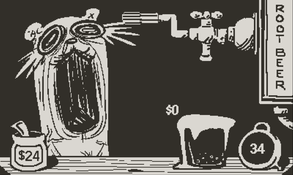 A still from the game Root Bear showing an extreme illustration of a bear screaming as root bear overflows a glass on the table