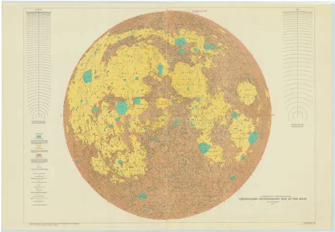 colored sketch of the moon showing highlands and lowlands in relief. explanatory text is available in tables