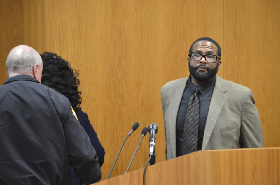 Defendant Willie Cory Godbolt exiting the Pike County Courtroom Tuesday, Feb. 25, 2020, on Day 10 of his capital murder trial at the Pike County Courthouse in Magnolia, Miss., after hearing the jury's verdict of guilty on all 12 counts. Godbolt, 37, is on trial, for the May 2017 shooting deaths of eight people in Brookhaven. (Donna Campbell/The Daily Leader via AP, Pool)