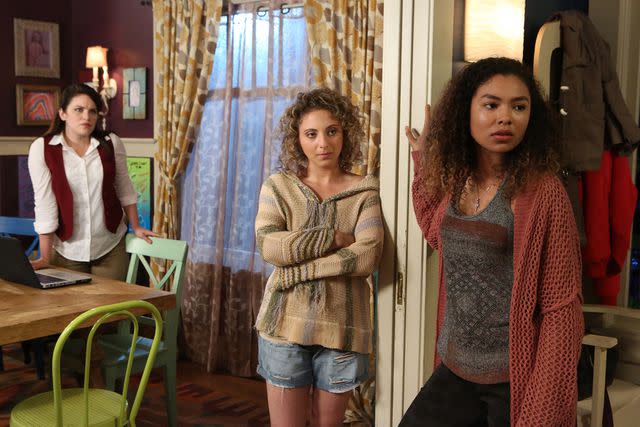 <p>Gilles Mingasson/Freeform/Getty</p> Lindsay Pearce, Emma Fassler, and Jessica Sula in 'Recovery Road'.