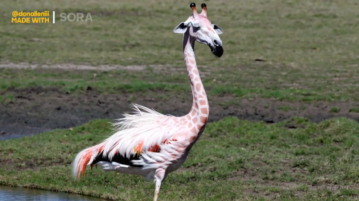 Eine Kreuzung zwischen einer Giraffe und einem Flamingo ist nur eines der surrealen Bilder, die aus den ersten Sora-Veröffentlichungen stammen. - Copyright: @donalleniii via OpenAI Sora