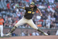 San Diego Padres starting pitcher Sean Manaea throws to a San Francisco Giants batter during the first inning of a baseball game in San Francisco, Friday, May 20, 2022. (AP Photo/Tony Avelar)