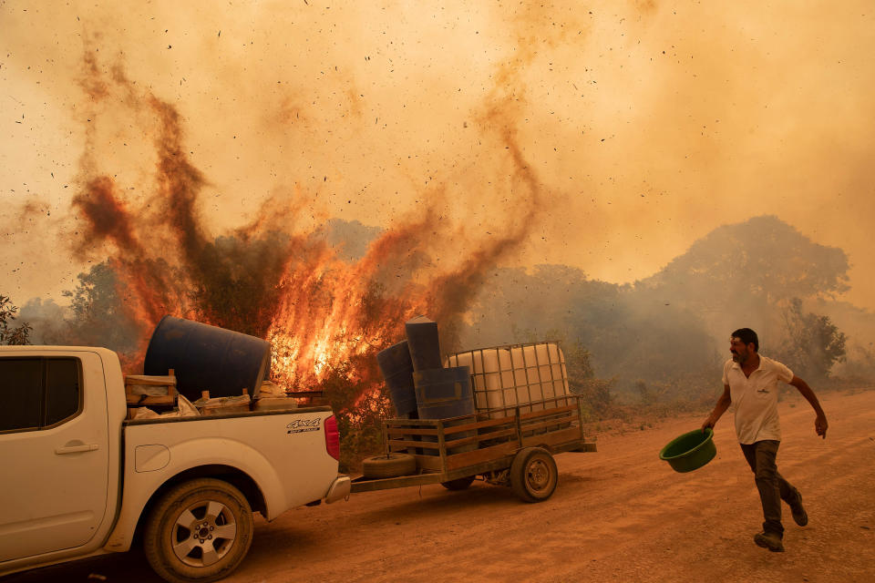 A volunteer works to douse a fire on Transpantaneira, the road that crosses the Pantanal, near Pocone in the Brazilian state of Mato Grosso on Sept. 11.<span class="copyright">Andre Penner—AP</span>