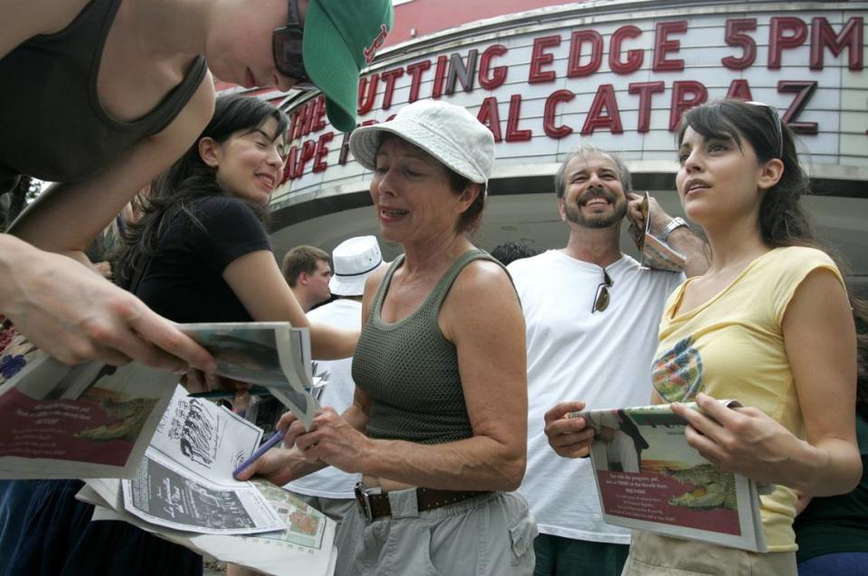 Even the Miami Herald and Dave Barry held its then annual Herald Hunt with Coral Gables’ Miracle Theatre as one of the clue sites. This is a file photo from Nov. 7, 2005. Pictured are Tracy Deysher (left), Ashley Albert, Arlyn Albert, Howard Albert, and Kate Simses as they banded together to figure out the clue under the marquee at the Miracle.