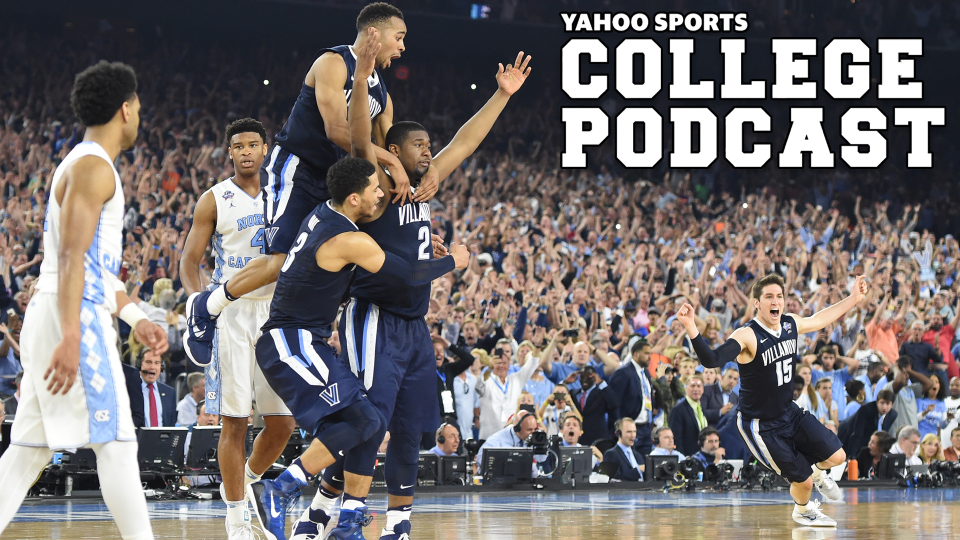 HOUSTON, TX - APRIL 04: Phil Booth #5, Josh Hart #3 and Kris Jenkins #2 of the Villanova Wildcats celebrate after the winning shot of the NCAA College Basketball Tournament Championship game against the North Carolina Tar Heels at NRG Stadium on April 04, 2016 in Houston, Texas. The Wildcats won 77-74. (Photo by Mitchell Layton/Getty Images)