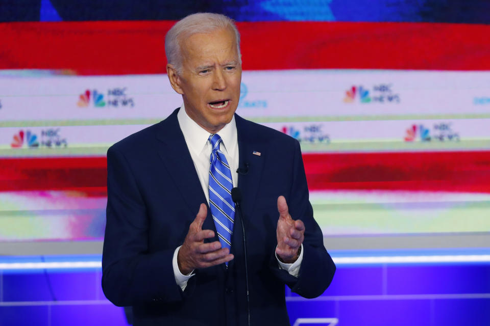 Democratic presidential candidate former vice president Joe Biden, speaks during the Democratic primary debate hosted by NBC News at the Adrienne Arsht Center for the Performing Arts, Thursday, June 27, 2019, in Miami. (AP Photo/Wilfredo Lee)