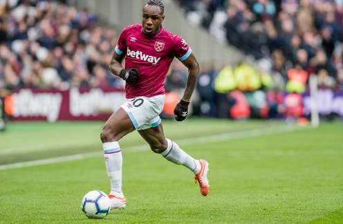 <span class="caption">Half the teams in the English Premier League –like West Ham – are sponsored by gambling companies.</span> <span class="attribution"><a class="link " href="https://www.shutterstock.com/image-photo/london-uk-march-16-2019-michail-1340639750" rel="nofollow noopener" target="_blank" data-ylk="slk:Shutterstock;elm:context_link;itc:0;sec:content-canvas">Shutterstock</a></span>