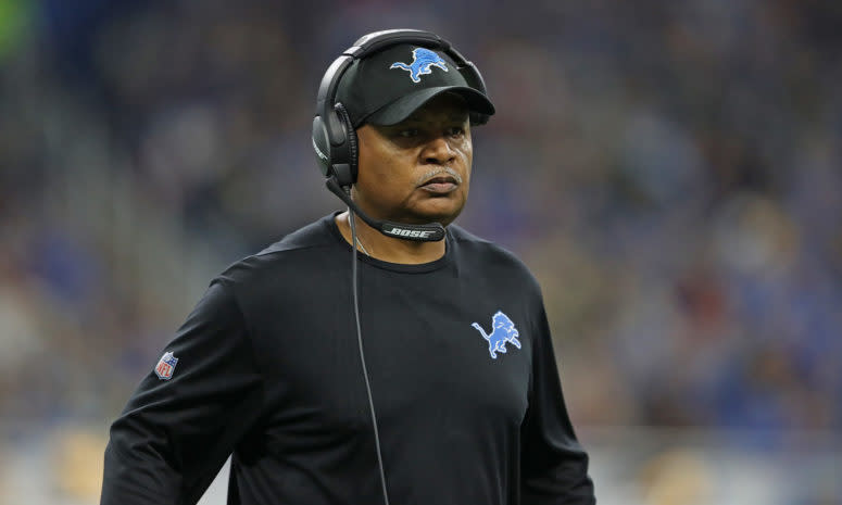 Jim Caldwell on the sidelines coaching the Detroit Lions.