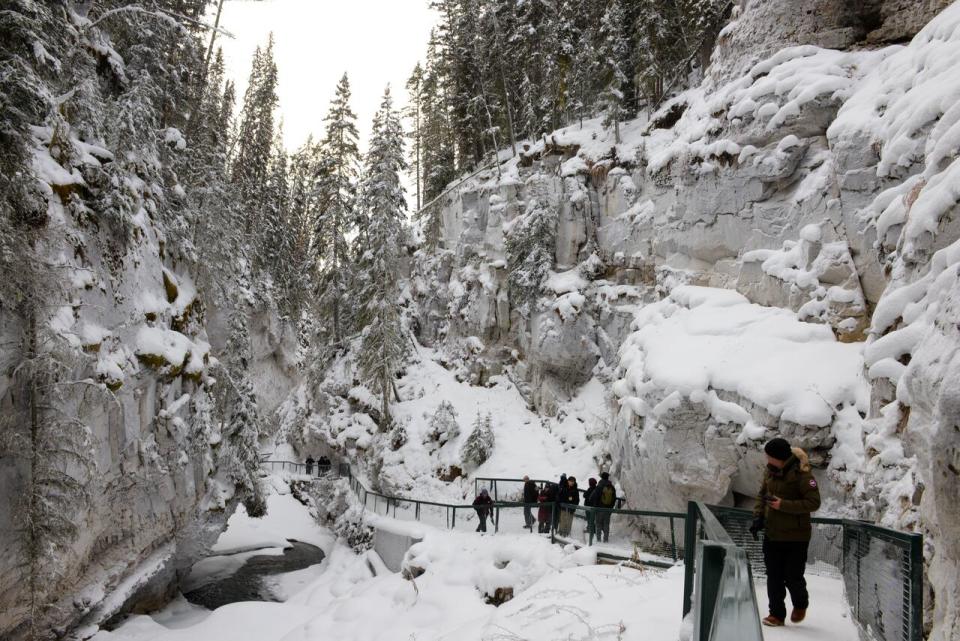 Visitors walk to Johnston Canyon Trail's lower falls. On Monday, Parks Canada said access to the trail between the upper and lower falls had opened.