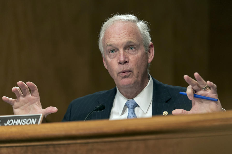 FILE - Sen. Ron Johnson, R-Wisc., questions the first panel of a Senate Homeland Security and Governmental Affairs committee hearing to examine social media's impact on homeland security, Sept. 14, 2022, on Capitol Hill in Washington. Far from shying from his contrarian reputation, Johnson is leaning into controversy as he runs for his third term. He has called for the end of guaranteed money for Medicare and Social Security, two popular programs that American politicians usually steer clear from. He’s trafficked in conspiracy theories about the 2020 election and dabbled in pseudoscience around the coronavirus. (AP Photo/Jacquelyn Martin, File)