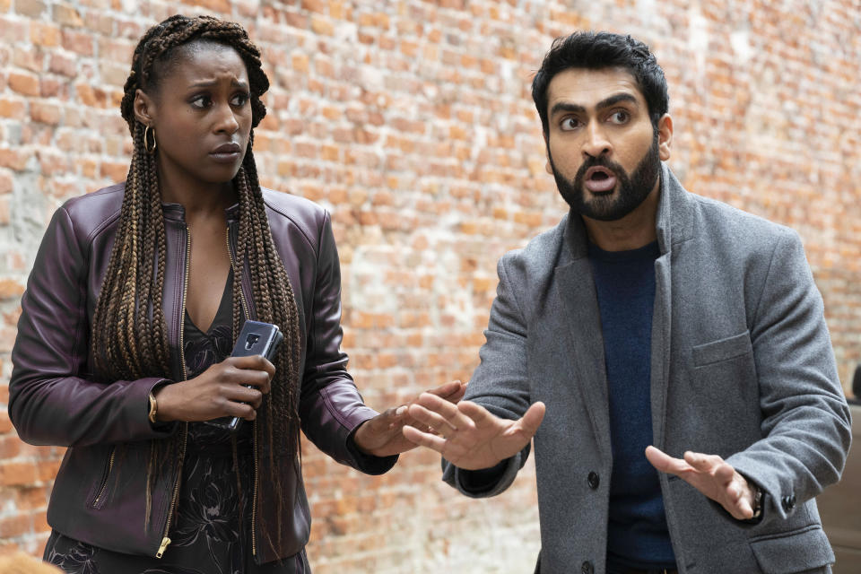 This image released by Netflix shows Issa Rae as Leilani, left, and Kumail Nanjiana as Jibran in a scene from "The Lovebirds." (Skip Bolen/Netflix via AP)